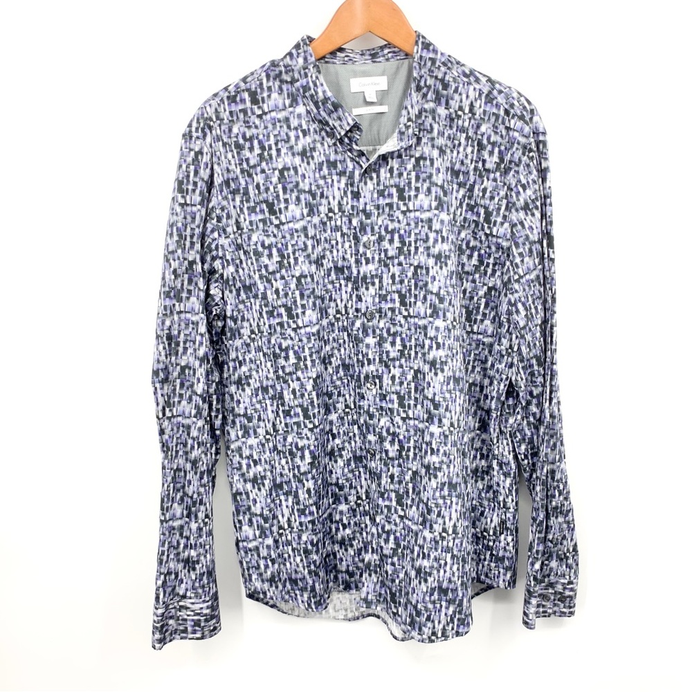 Calvin Klein Men Size XL Shirt Button Down Top Slim Fit Purple Black Printed